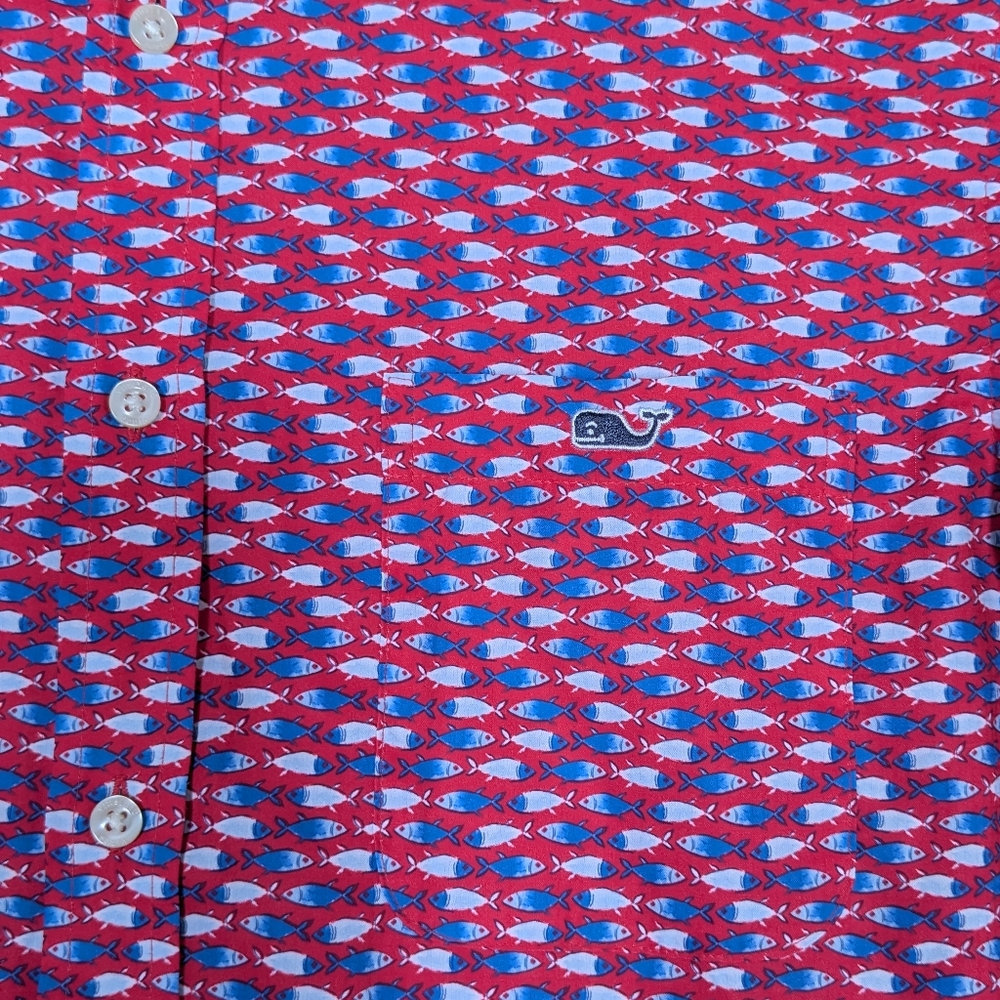 Vineyard Vines Micro Fish Red Short Sleeve Feather Performance Ripstop Shirt Med - Picture 4 of 10